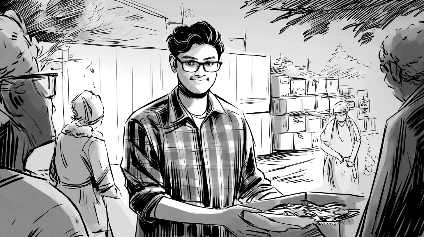 Illustration of a teen volunteer handing out supplies at a community shelter