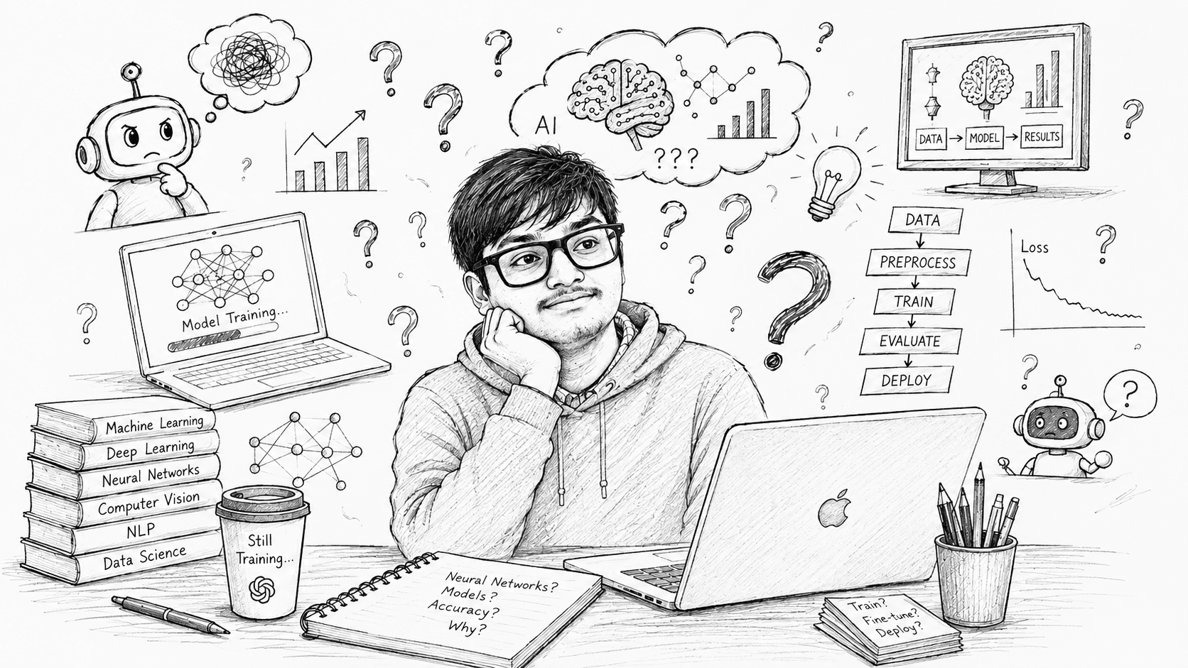 Illustration of a student surrounded by AI training diagrams, robots, and machine learning books