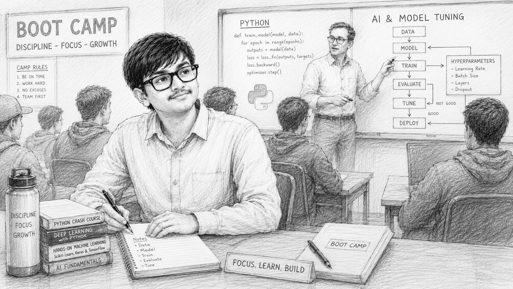 Illustration of a student in a boot camp classroom with a whiteboard showing AI model training steps