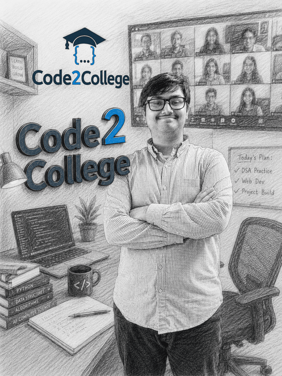 Illustration of Tridhm at his desk, working with the Code2College program