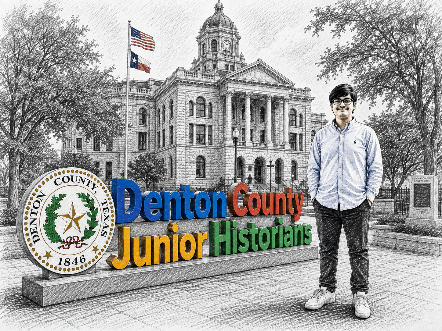 Illustration of Tridhm at the Denton County courthouse, next to the Denton County Junior Historians sign
