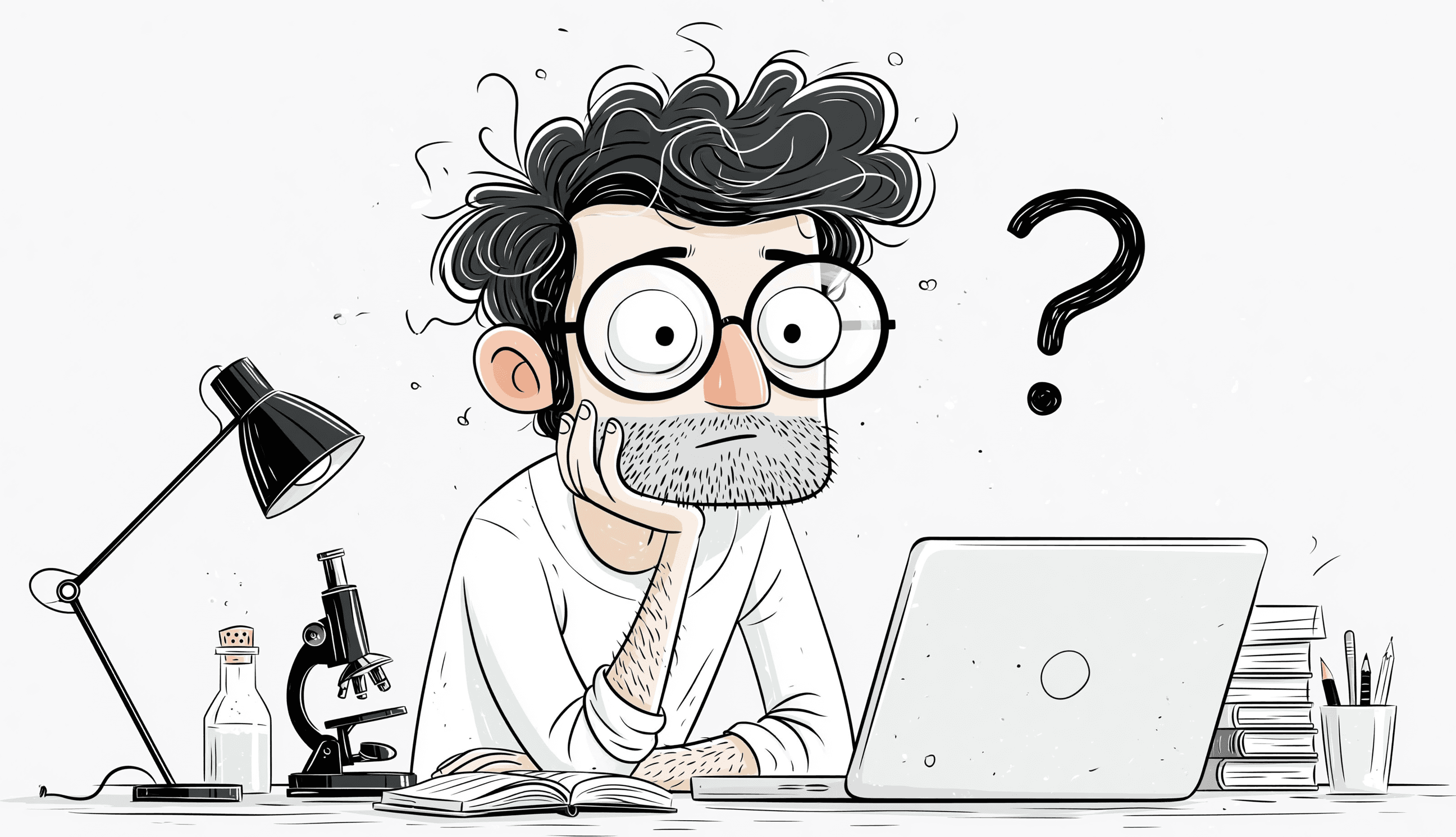 Illustration of a student thinking at a desk with a laptop, microscope, and books