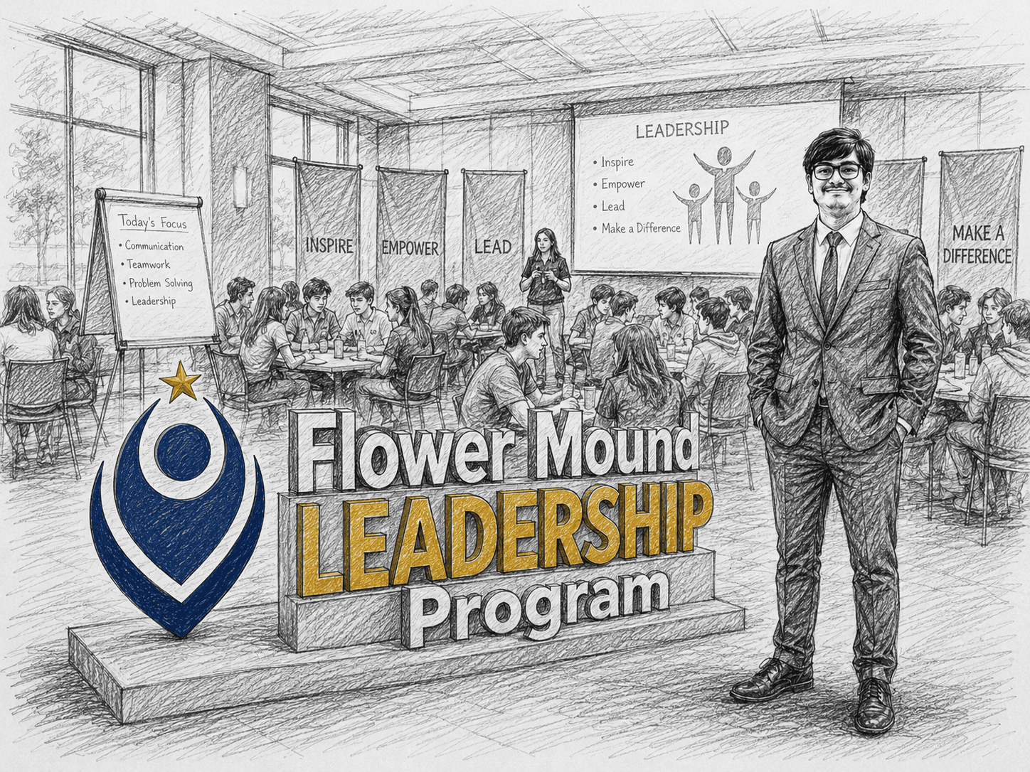 Illustration of Tridhm at a Flower Mound Leadership Program session