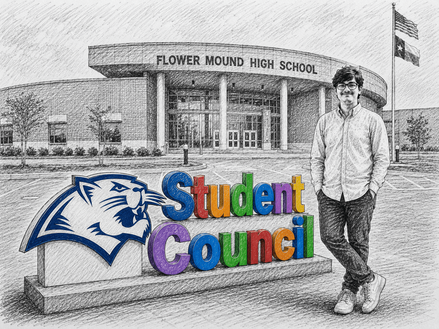 Illustration of Tridhm at Flower Mound High School, next to the Student Council sign