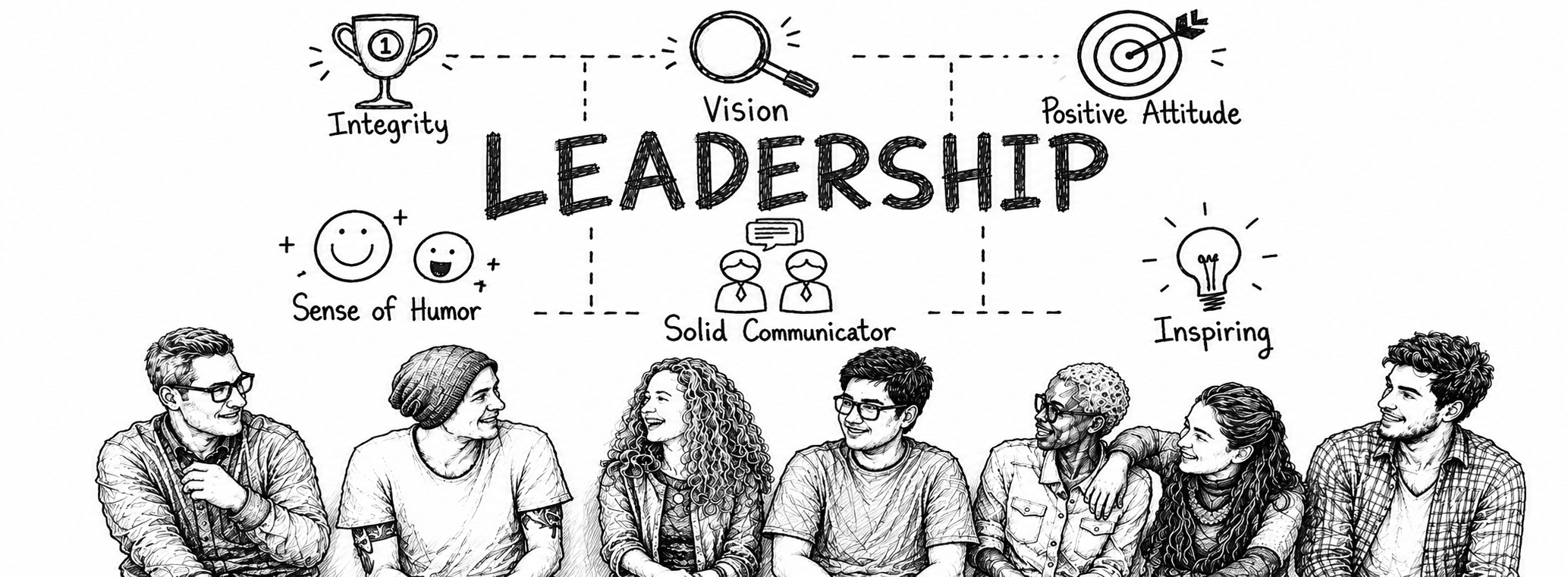 Illustration listing leadership traits: integrity, vision, positive attitude, sense of humor, solid communicator, inspiring