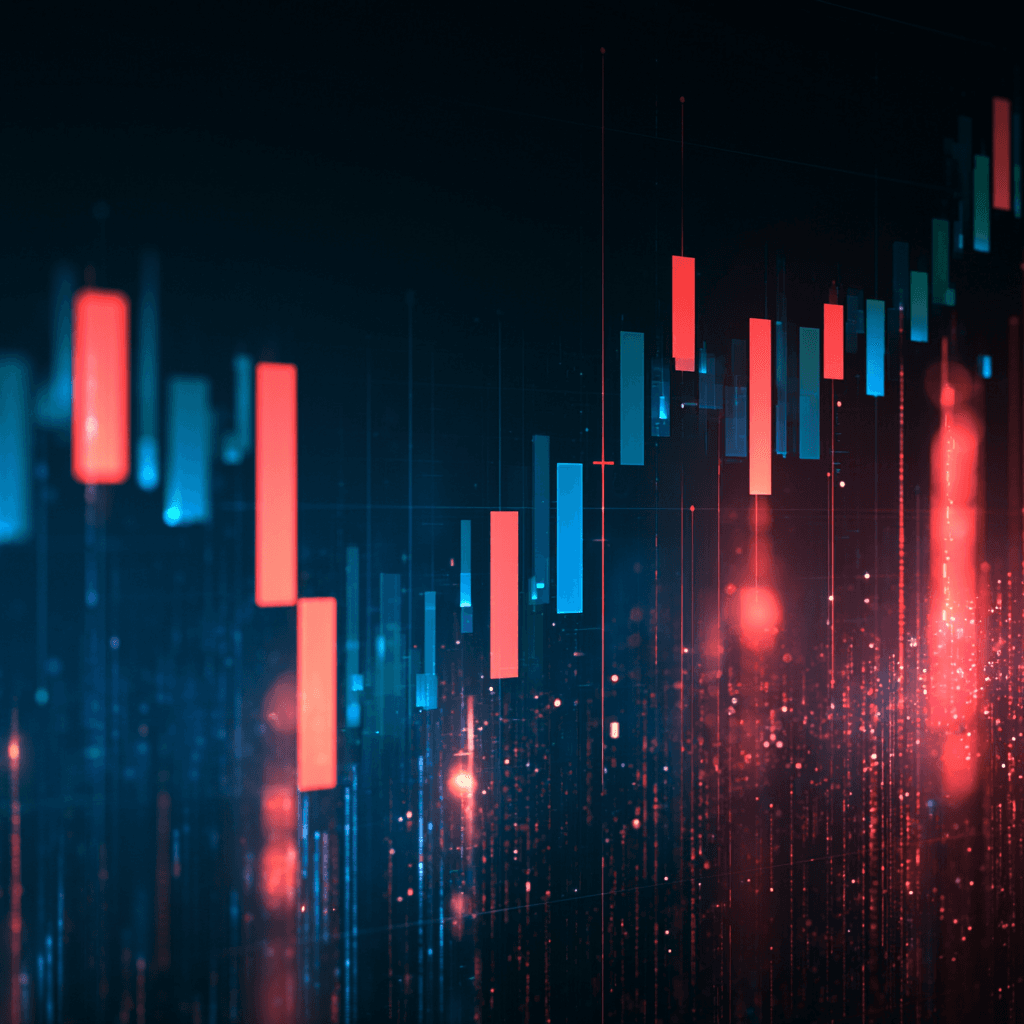 Stock market candlestick charts on trading monitors
