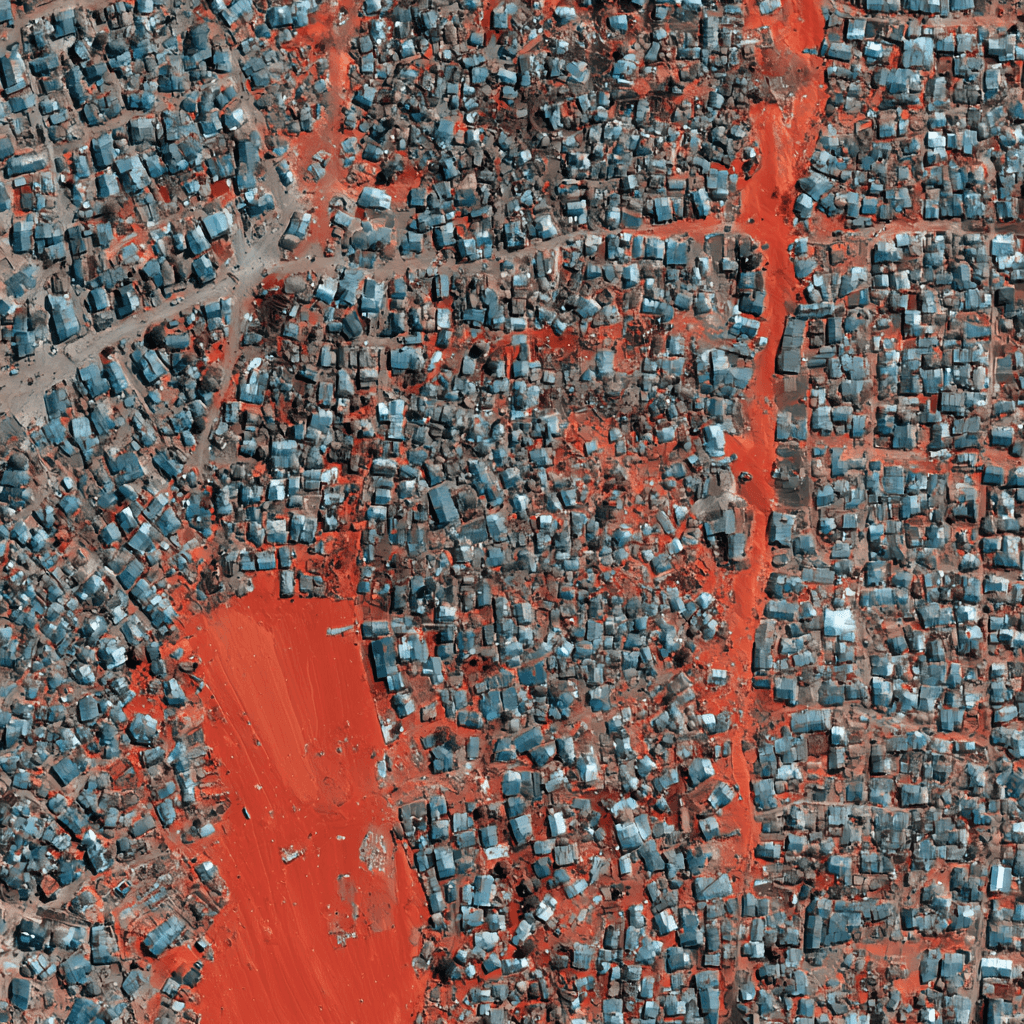 Satellite imagery of settlement with unpaved roads
