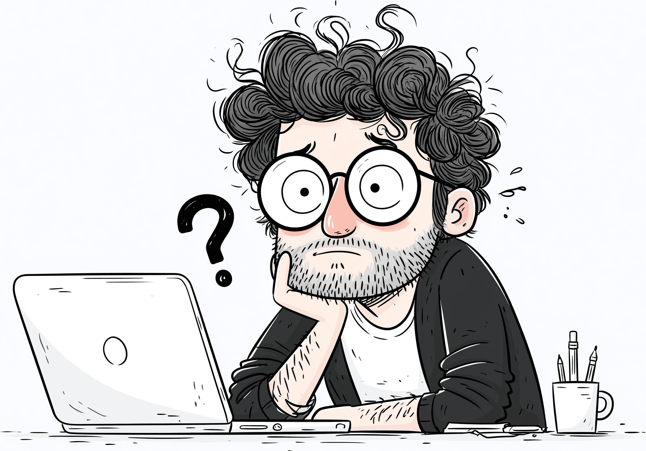 Illustration of a person thinking at a laptop with a question mark