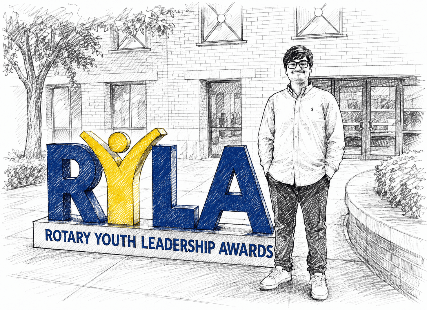 Illustration of Tridhm standing next to the RYLA (Rotary Youth Leadership Awards) sign