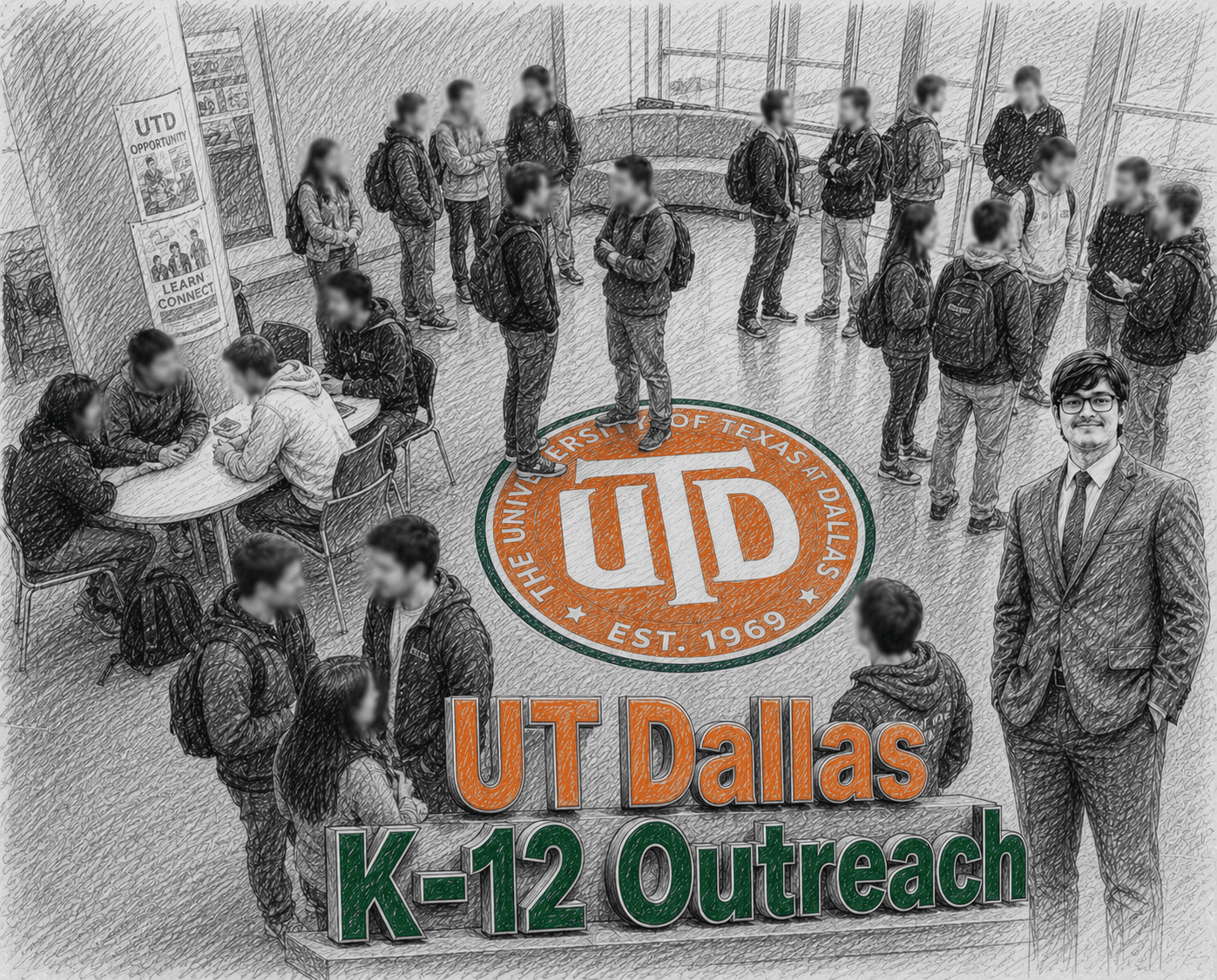 Illustration of Tridhm at UT Dallas, next to the UT Dallas K-12 Outreach sign