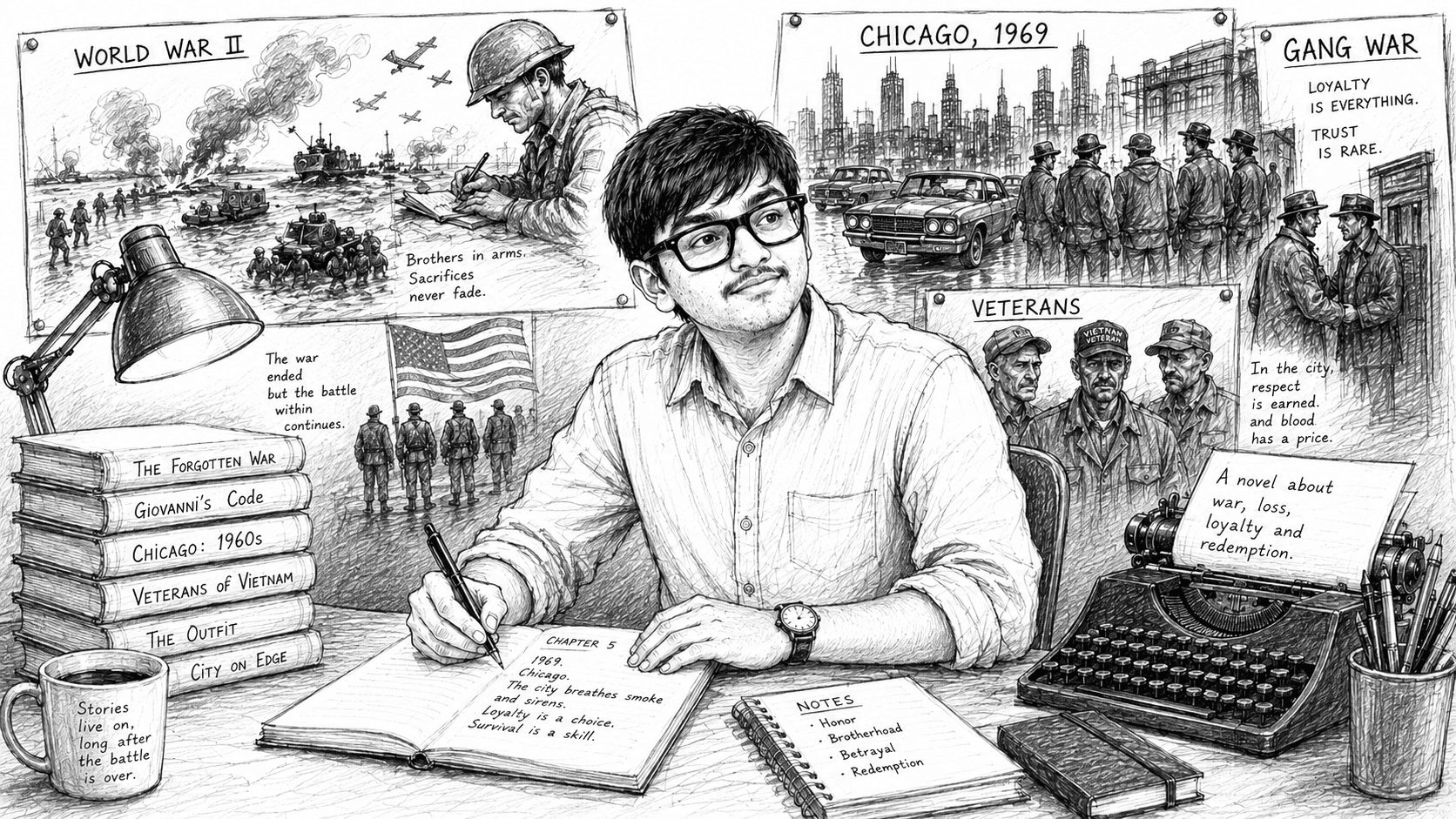 Illustration of the author writing at a desk surrounded by WWII and 1969 Chicago gang-war research imagery